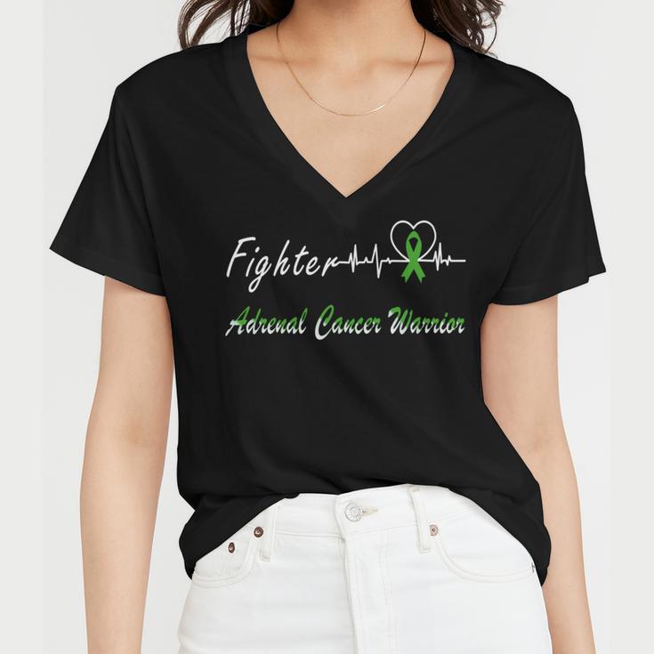 Fighter Adrenal Cancer Warrior Heartbeat Green Ribbon Adrenal Cancer Adrenal Cancer Awareness Women V-Neck T-Shirt