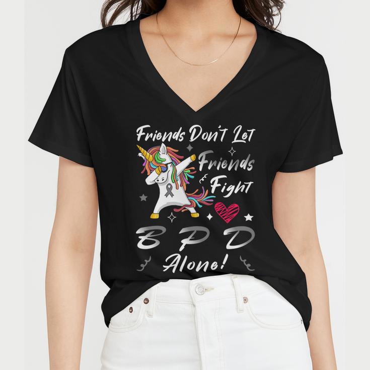 Friends Dont Let Friends Fight Borderline Personality Disorder Bpd Alone Unicorn Grey Ribbon Borderline Personality Disorder Bpd Awareness Women V-Neck T-Shirt