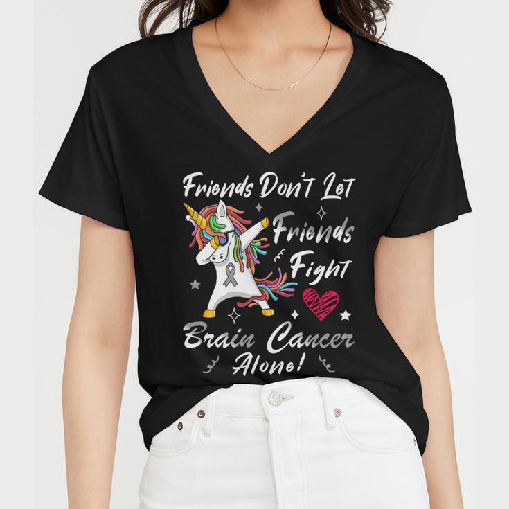 Friends Dont Let Friends Fight Brain Cancer Alone Unicorn Grey Ribbon Brain Cancer Brain Cancer Awareness V2 Women V-Neck T-Shirt