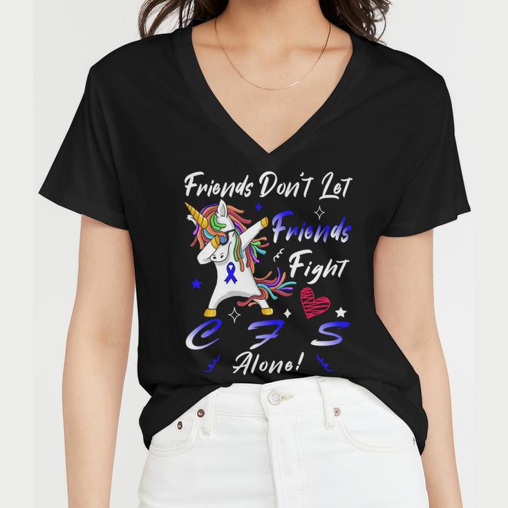 Friends Dont Let Friends Fight Chronic Fatigue Syndrome Cfs Alone Unicorn Blue Ribbon Chronic Fatigue Syndrome Support Cfs Awareness V2 Women V-Neck T-Shirt