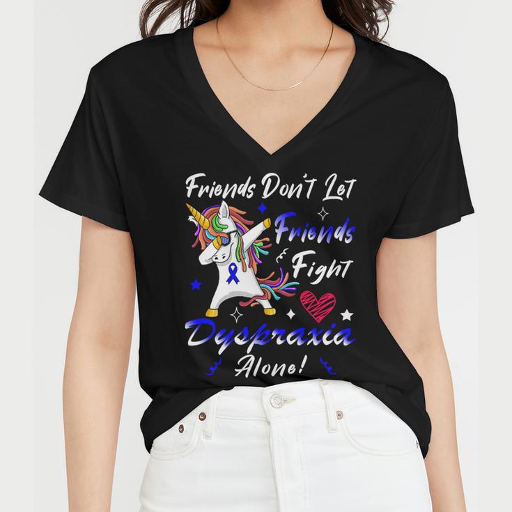 Friends Dont Let Friends Fight Dyspraxia Alone Blue Ribbon Unicorn Dyspraxia Dyspraxia Awareness Women V-Neck T-Shirt