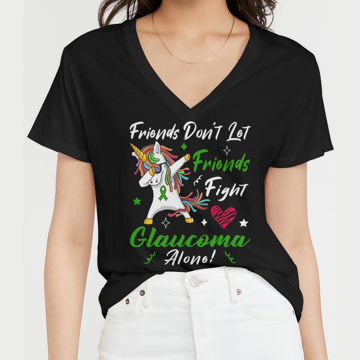 Friends Dont Let Friends Fight Glaucoma Alone Unicorn Green Ribbon Glaucoma Glaucoma Awareness Women V-Neck T-Shirt