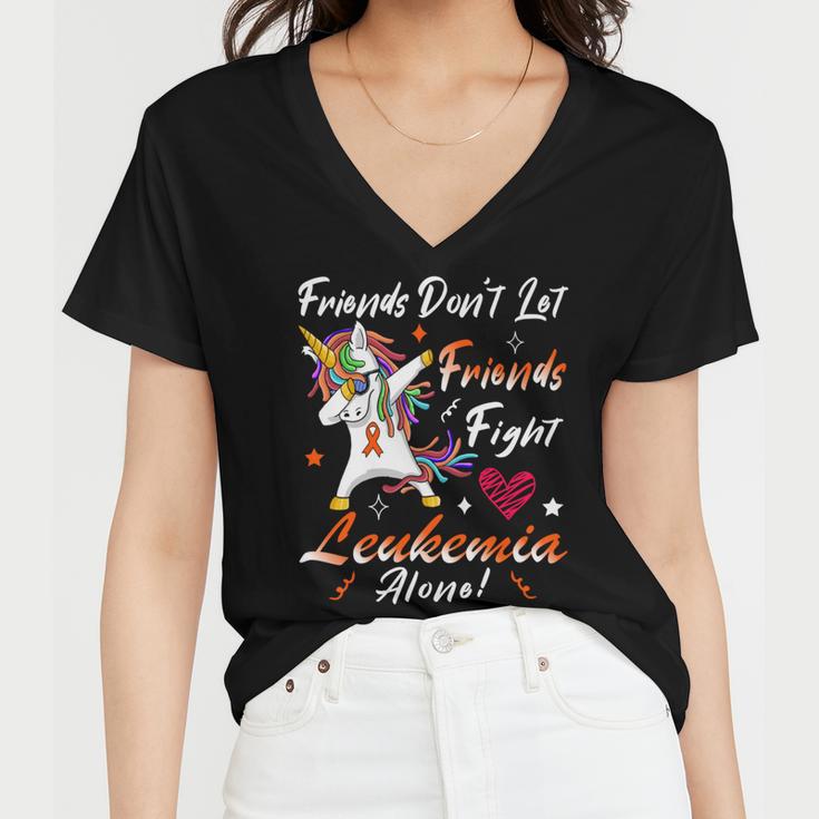 Friends Dont Let Friends Fight Leukemia Alone Unicorn Orange Ribbon Leukemia Leukemia Awareness Women V-Neck T-Shirt