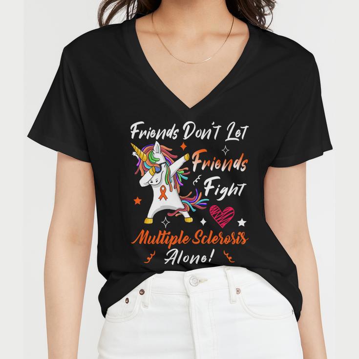 Friends Dont Let Friends Fight Multiple Sclerosis Alone Unicorn Orange Ribbon Multiple Sclerosis Multiple Sclerosis Awareness Women V-Neck T-Shirt