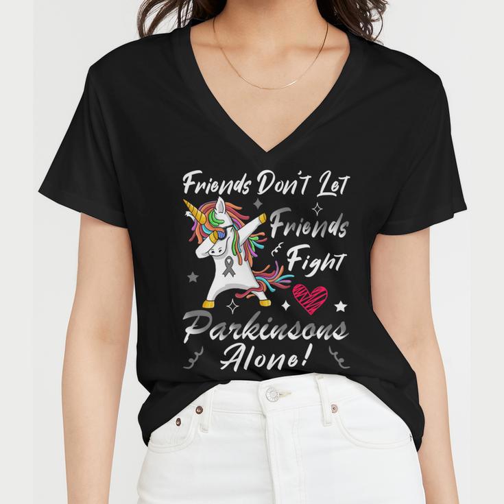 Friends Dont Let Friends Fight Parkinsons Alone Grey Ribbon Parkinsons Parkinsons Awareness Women V-Neck T-Shirt