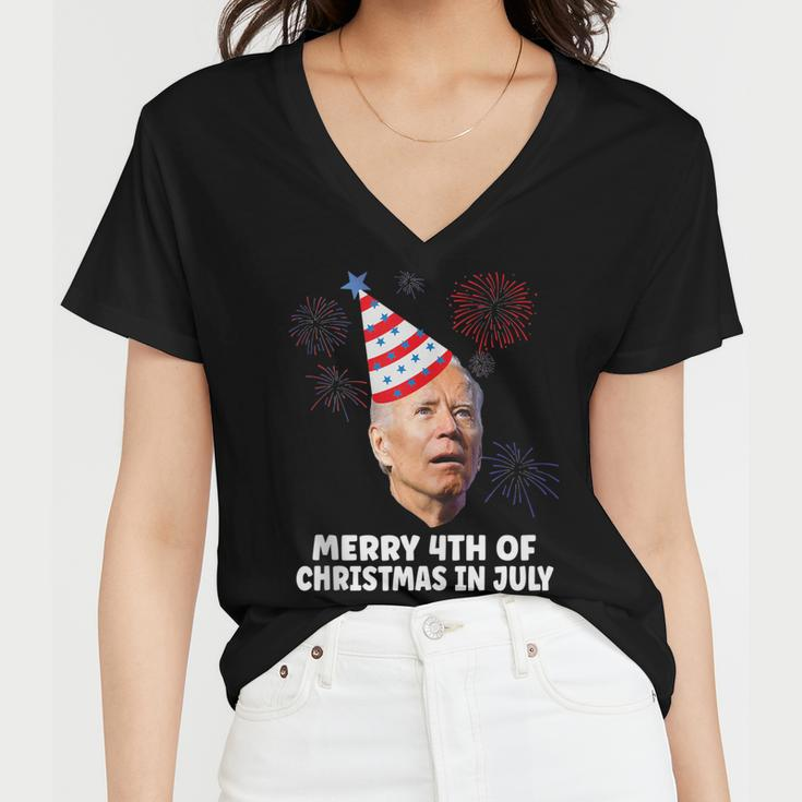 Funny Joe Biden Merry 4Th Of Christmas In July Usa Flag Women V-Neck T-Shirt