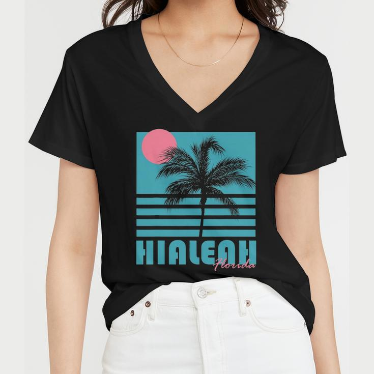 Hialeah Florida Vintage Souvenirs Palm Trees Beach Women V-Neck T-Shirt