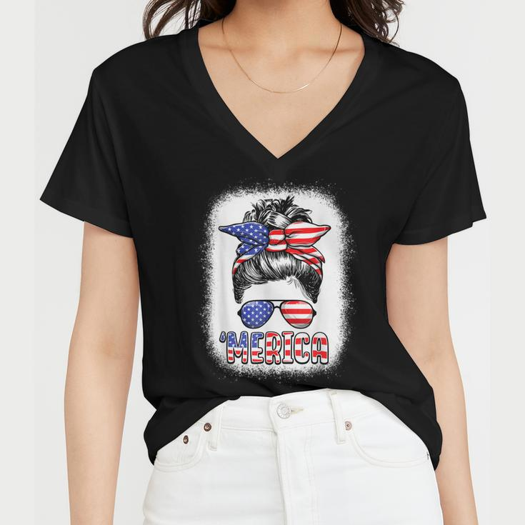 Merica Messy Bun Women Girls American Flag Usa 4Th Of July Women V-Neck T-Shirt