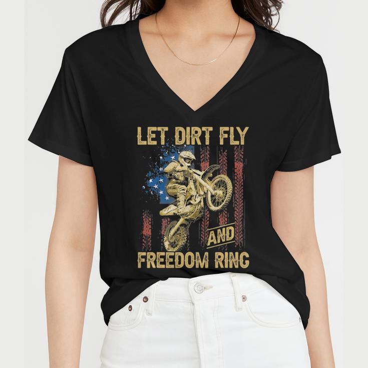 Motorcycle Let Dirt Fly And Freedom Ring Independence Day Women V-Neck T-Shirt