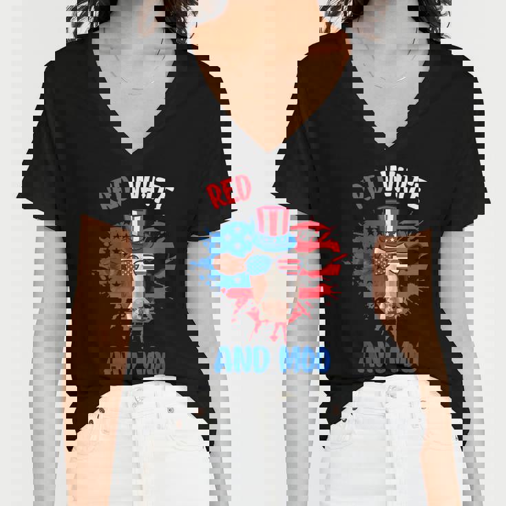 Red White And Moo Patriotic Cow Farmer 4Th Of July Women V-Neck T-Shirt