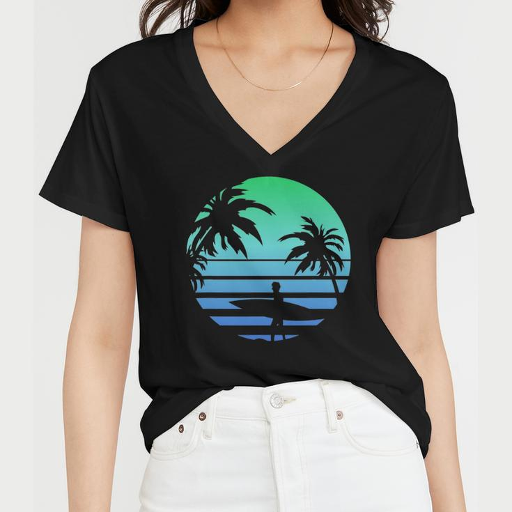 Retro Water Sport Surfboard Palm Tree Sea Tropical Surfing Women V-Neck T-Shirt