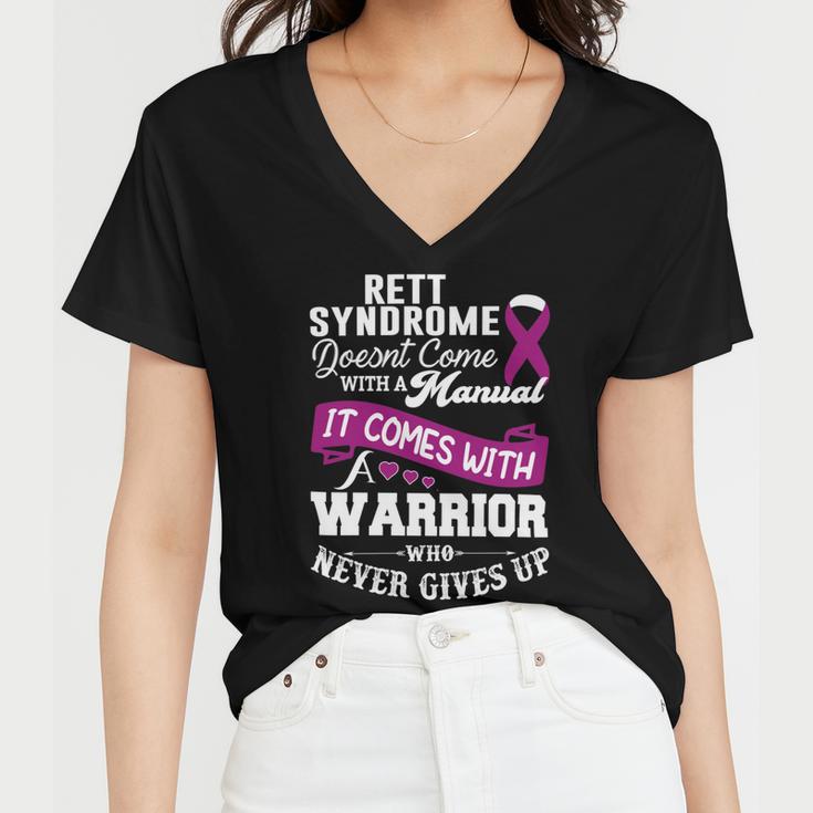 Rett Syndrome Doesnt Come With A Manual It Comes With A Warrior Who Never Gives Up Purple Ribbon Rett Syndrome Rett Syndrome Awareness Women V-Neck T-Shirt