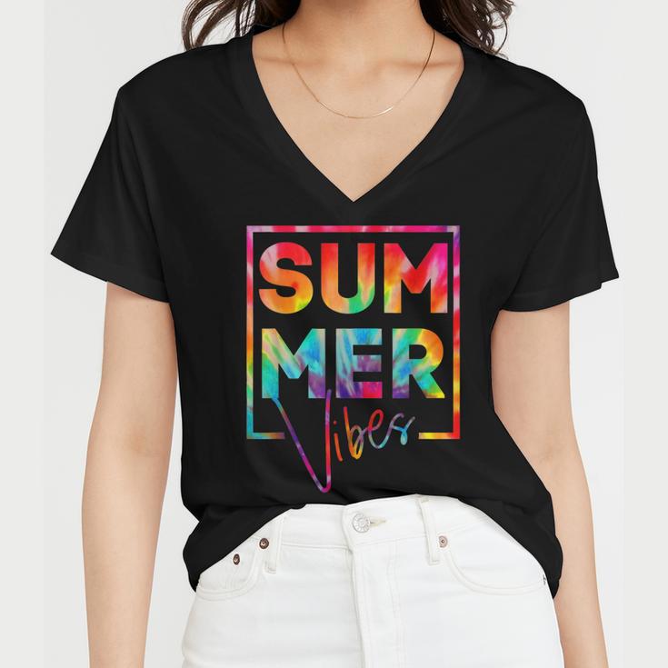 Summer Vibes Tie Dye Hello Summer Vacation Women V-Neck T-Shirt