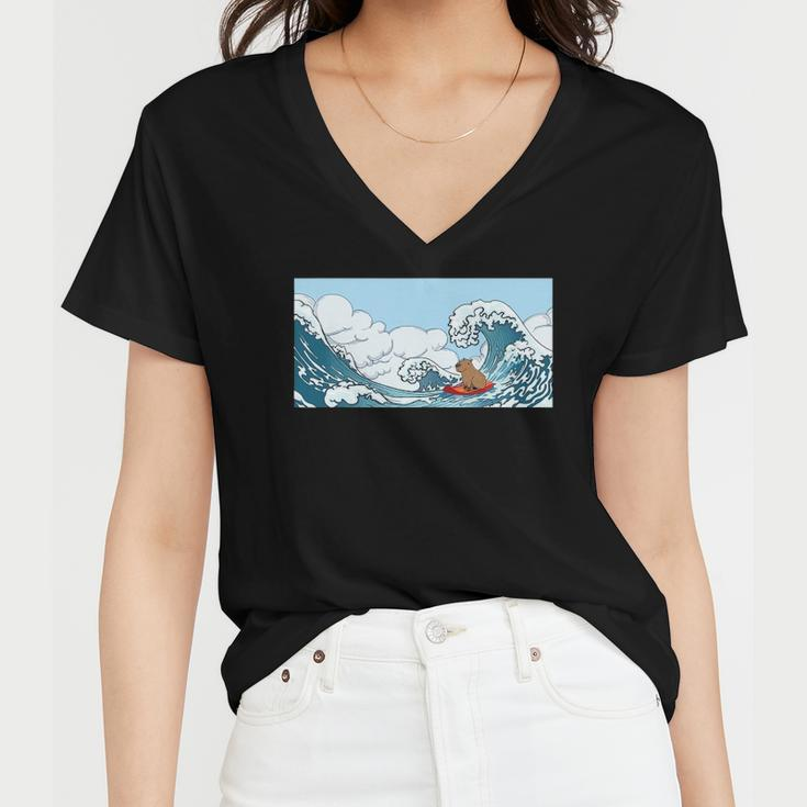 The Capybara On Great Wave Women V-Neck T-Shirt