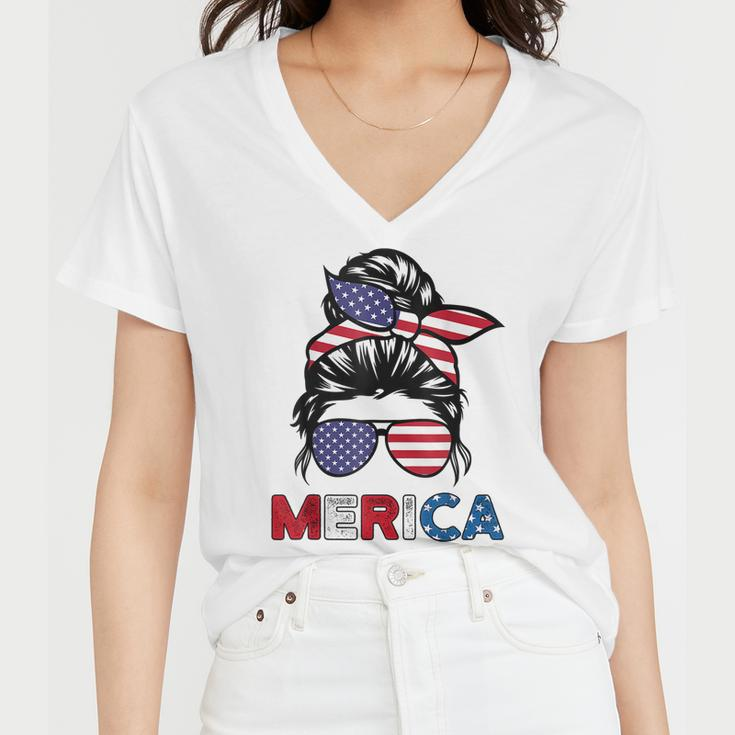 4Th Of July Merica Sunglasses Classy Mom Life Messy Bun Women V-Neck T-Shirt