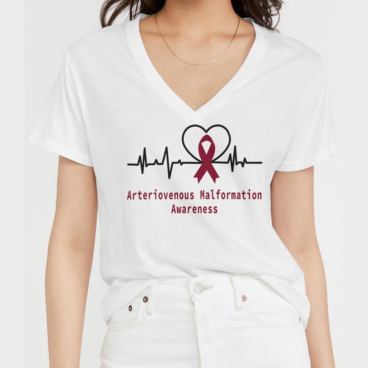 Arteriovenous Malformation Awareness Heartbeat Burgundy Ribbon Arteriovenous Malformation Support Arteriovenous Malformation Awareness Women V-Neck T-Shirt