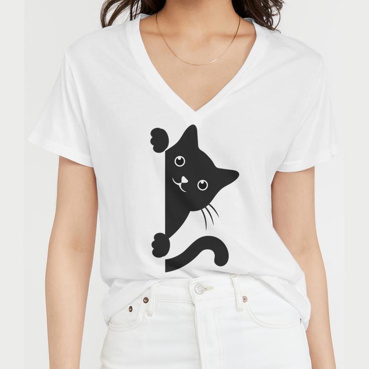 Black Cat Peeking Women V-Neck T-Shirt