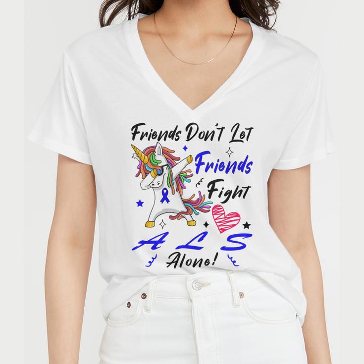 Friends Dont Let Friends Fight Als Alone Unicorn Blue Ribbon Amyotrophic Lateral Sclerosis Support Als Awareness Women V-Neck T-Shirt