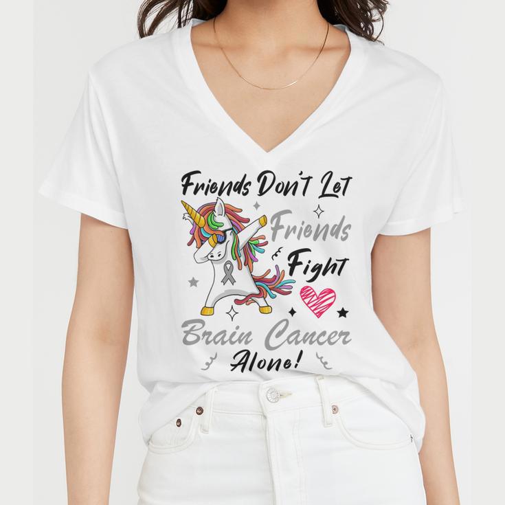 Friends Dont Let Friends Fight Brain Cancer Alone Unicorn Grey Ribbon Brain Cancer Brain Cancer Awareness Women V-Neck T-Shirt