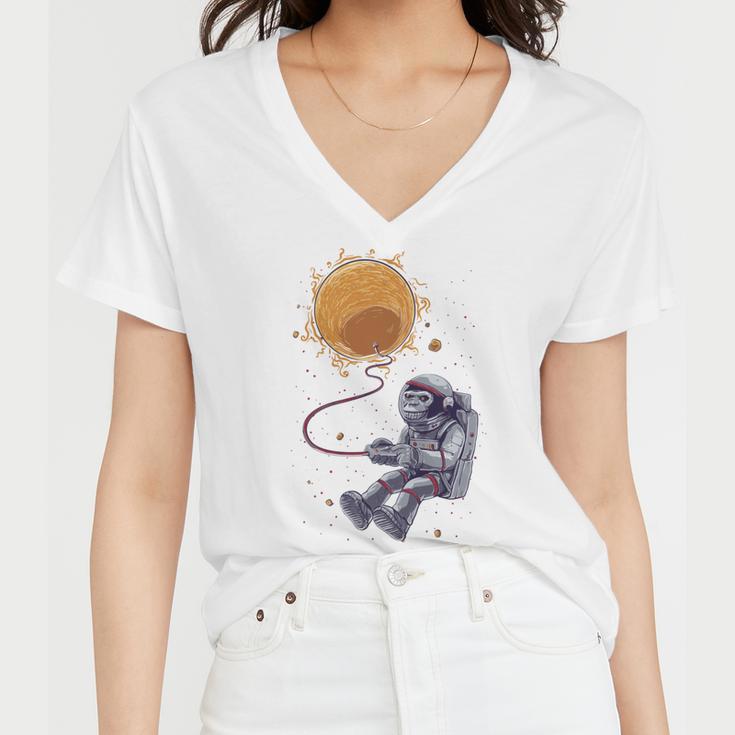 Funny Astronaut Monkey Blowing Sun V2 Women V-Neck T-Shirt