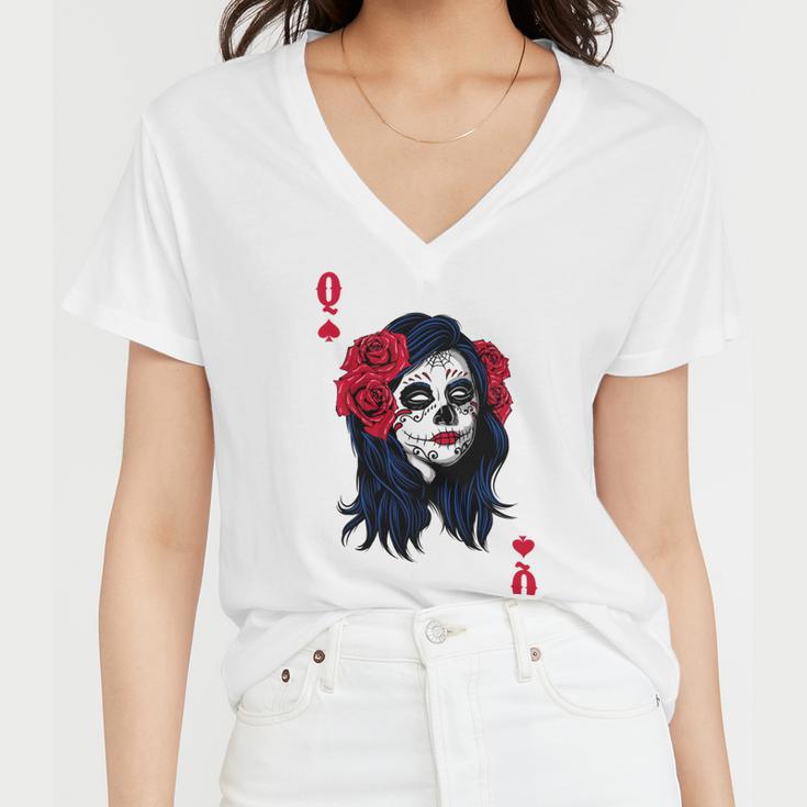 Halloween Sugar Skull With Red Floral Halloween Gift By Mesa Cute Women V-Neck T-Shirt