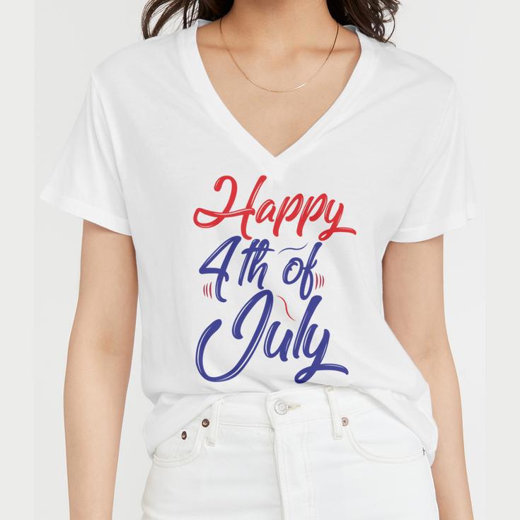 Happy 4Th Of July Dark Red Blue Text Women V-Neck T-Shirt