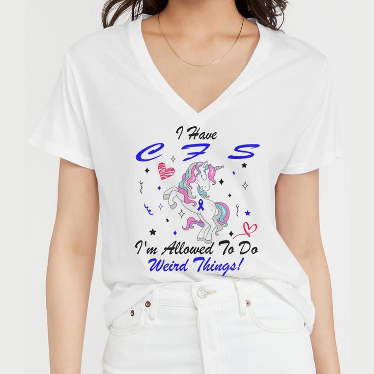 I Have Chronic Fatigue Syndrome Cfs Im Allowed To Do Weird Things Unicorn Blue Ribbon Chronic Fatigue Syndrome Support Cfs Awareness Women V-Neck T-Shirt