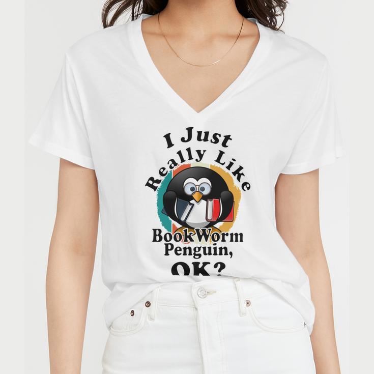 I Really Like Book Worm Penguin Ok Women V-Neck T-Shirt