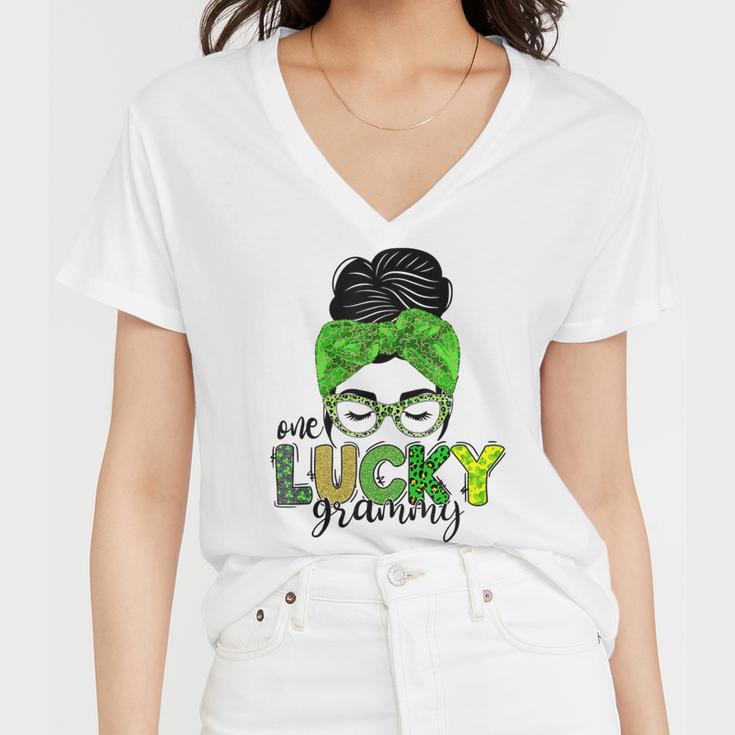 One Lucky Grammy Life Messy Bun St Patricks Day Irish Women V-Neck T-Shirt