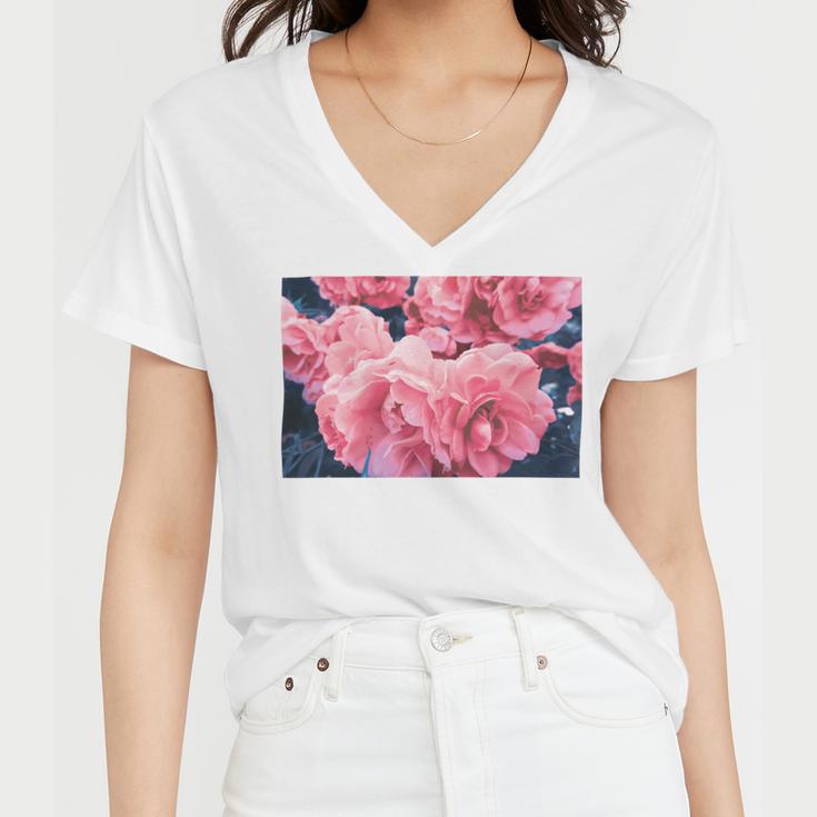 Pink Roses In Garden Women V-Neck T-Shirt