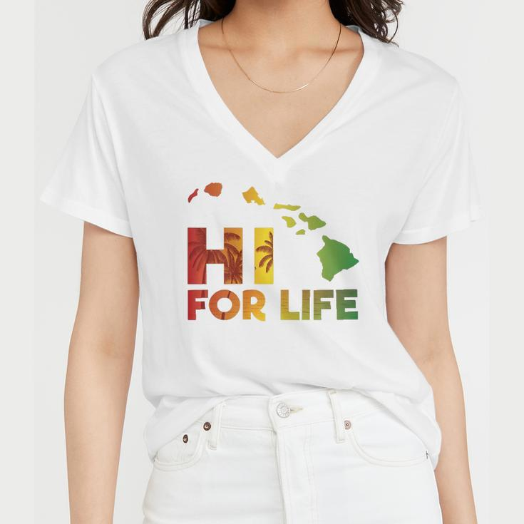 Rasta Colored Hi For Life Hawaii Palm Tree Tee Women V-Neck T-Shirt