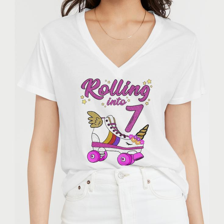 Rolling Into 7Th Birthday Unicorn Roller Skate Party Women V-Neck T-Shirt
