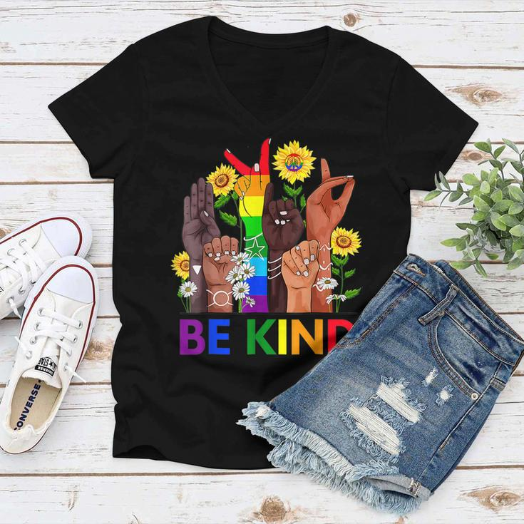 Be Kind Sign Language Hand Talking Lgbtq Flag Gay Pride Women V-Neck T-Shirt