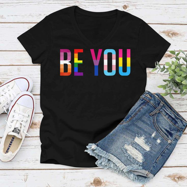 Be You Lgbt Flag Gay Pride Month Transgender Rainbow Lesbian Women V-Neck T-Shirt