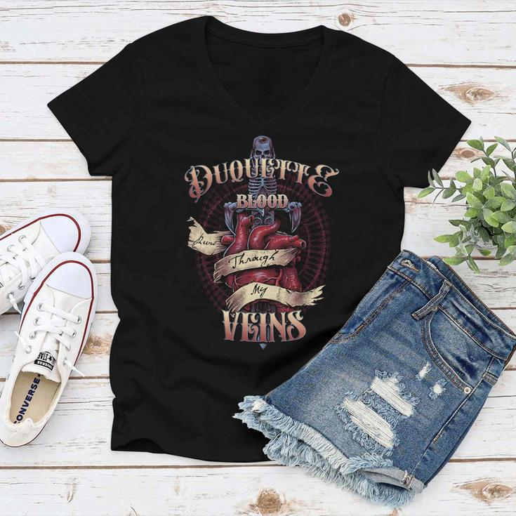 Duquette Blood Runs Through My Veins Name Women V-Neck T-Shirt