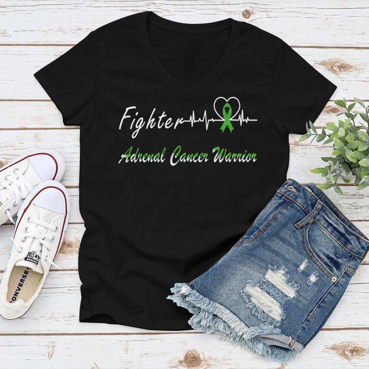 Fighter Adrenal Cancer Warrior Heartbeat Green Ribbon Adrenal Cancer Adrenal Cancer Awareness Women V-Neck T-Shirt