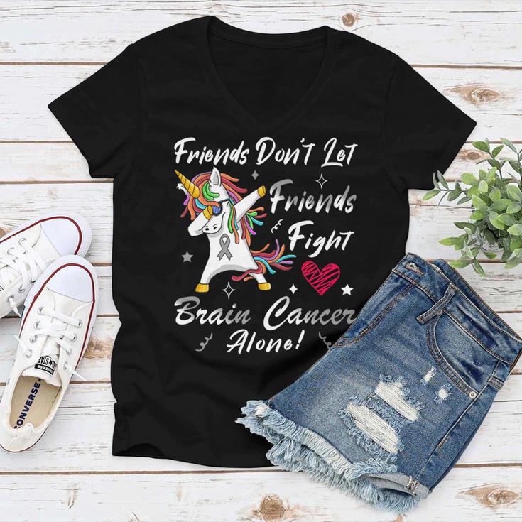 Friends Dont Let Friends Fight Brain Cancer Alone Unicorn Grey Ribbon Brain Cancer Brain Cancer Awareness V2 Women V-Neck T-Shirt