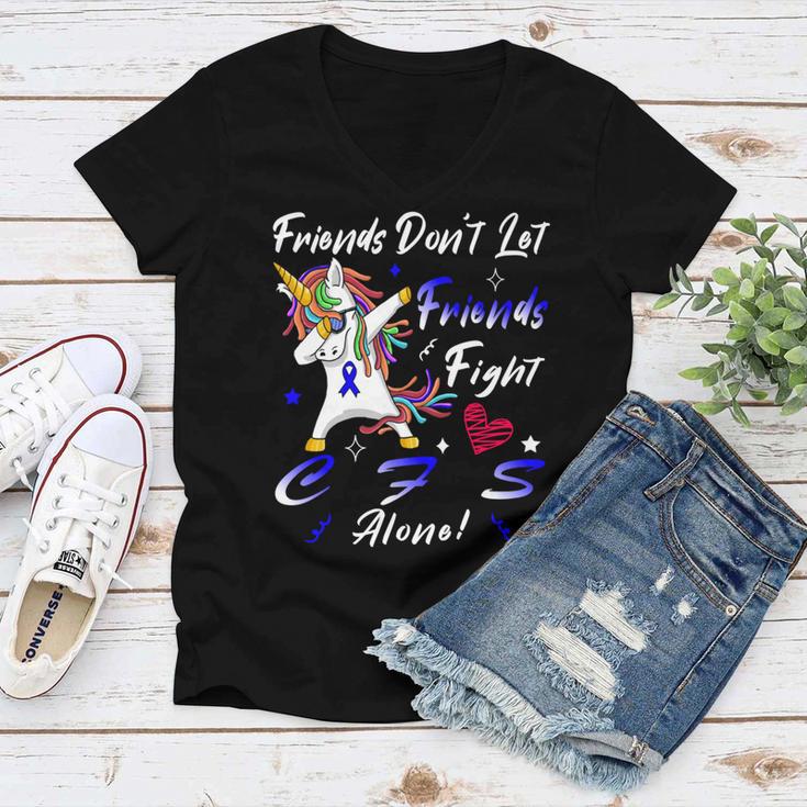 Friends Dont Let Friends Fight Chronic Fatigue Syndrome Cfs Alone Unicorn Blue Ribbon Chronic Fatigue Syndrome Support Cfs Awareness V2 Women V-Neck T-Shirt