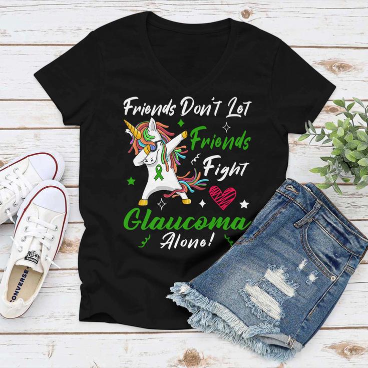 Friends Dont Let Friends Fight Glaucoma Alone Unicorn Green Ribbon Glaucoma Glaucoma Awareness Women V-Neck T-Shirt