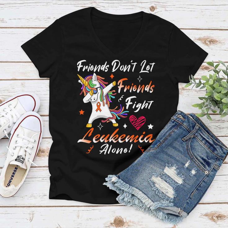 Friends Dont Let Friends Fight Leukemia Alone Unicorn Orange Ribbon Leukemia Leukemia Awareness Women V-Neck T-Shirt