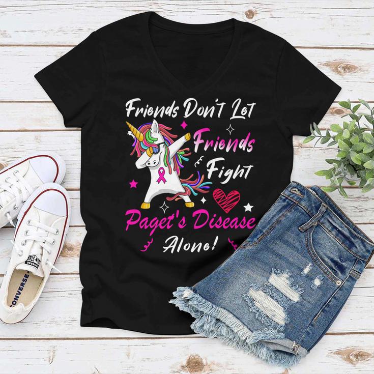 Friends Dont Let Friends Fight Pagets Disease Alone Unicorn Pink Ribbon Pagets Disease Pagets Disease Awareness Women V-Neck T-Shirt