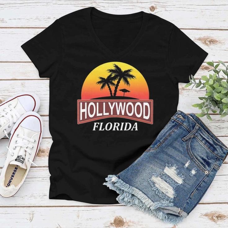 Hollywood Florida Beach Vacation Palm Tree Women V-Neck T-Shirt