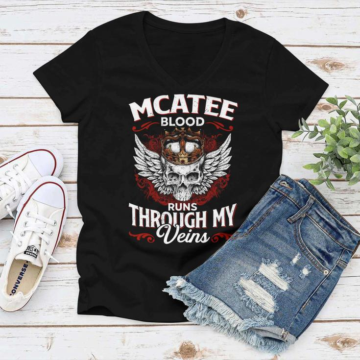 Mcatee Blood Runs Through My Veins Name Women V-Neck T-Shirt