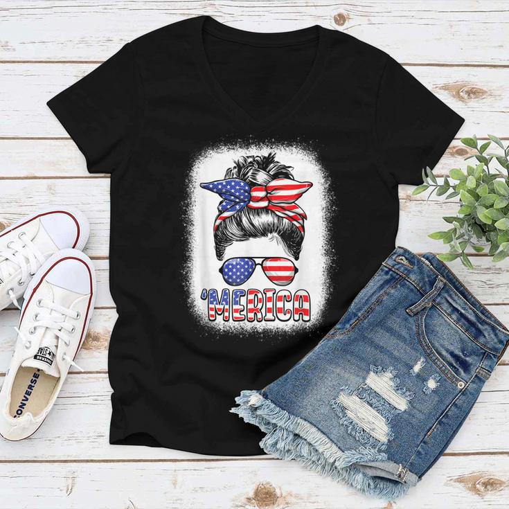 Merica Messy Bun Women Girls American Flag Usa 4Th Of July Women V-Neck T-Shirt