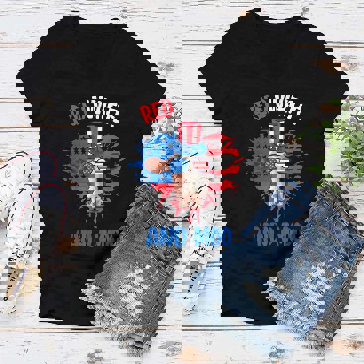 Red White And Moo Patriotic Cow Farmer 4Th Of July Women V-Neck T-Shirt