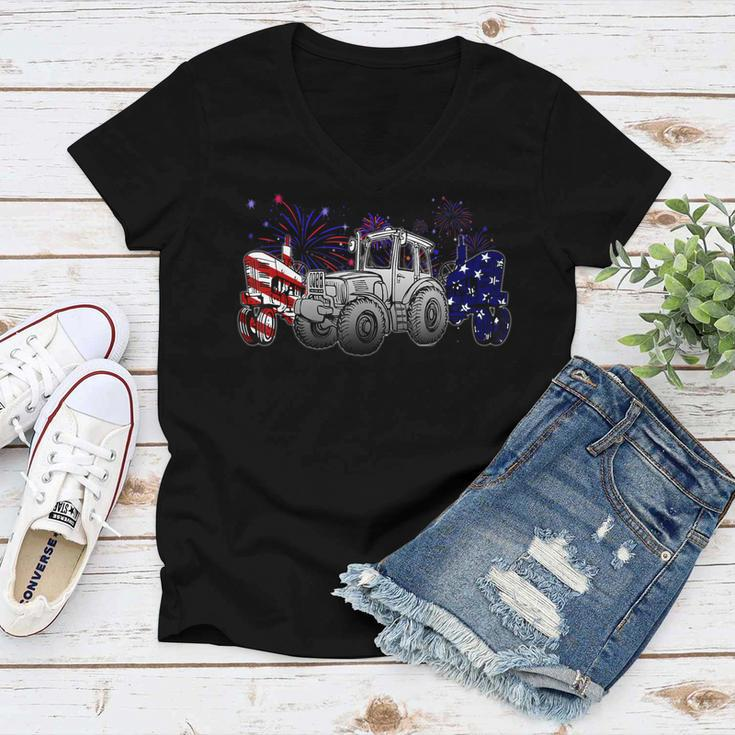 Red White Blue Tractor Usa Flag 4Th Of July Patriot Farmer Women V-Neck T-Shirt