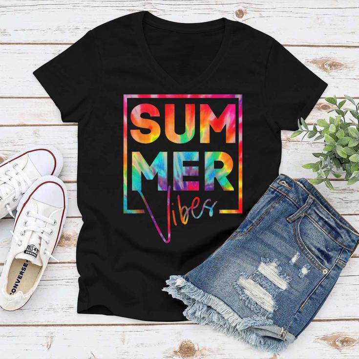 Summer Vibes Tie Dye Hello Summer Vacation Women V-Neck T-Shirt