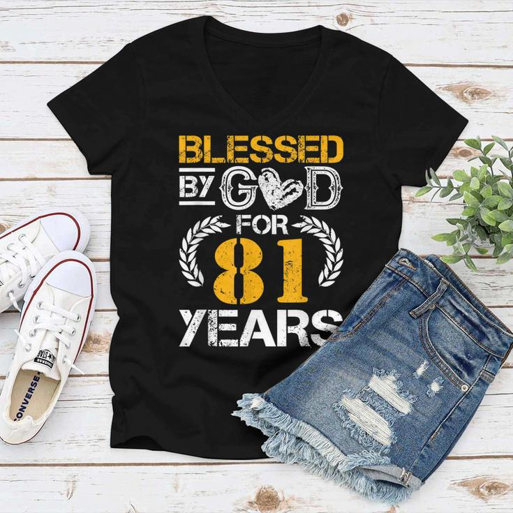 Vintage Blessed By God For 81 Years Happy 81St Birthday Women V-Neck T-Shirt