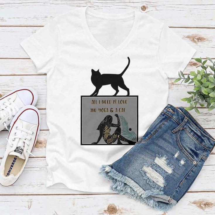 All I Need Is Love And Yoga And A Cat Lovers Gift For Yoga Lovers Funny Cat Women V-Neck T-Shirt