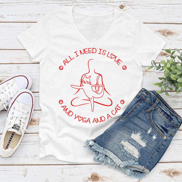 All I Need Is Love And Yoga And A Cat Lovers Gift For Yoga Lovers Red Women V-Neck T-Shirt